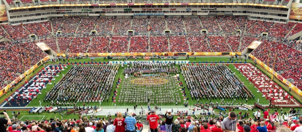 The halftime show featured several marching bands and dancers from all over the country, performing together as one (2000+ people).